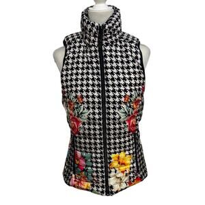 Johnny Was Sasha Reversible Puffer Vest XS Houndstooth Floral Quilted Zip Up